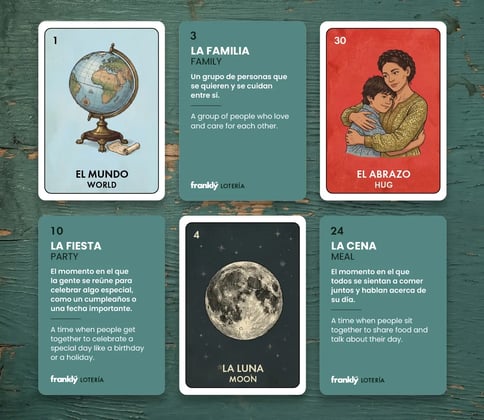 Close-up of six Lotería cards showing bilingual vocabulary and beautiful illustrations