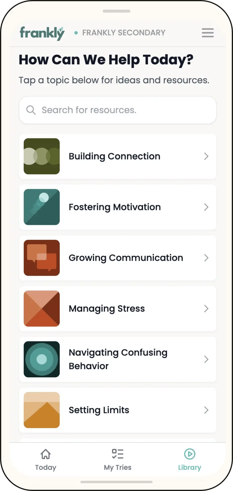 The Library screen in the Frankly app: a search box above six topics, from Building Connection to Setting Limits