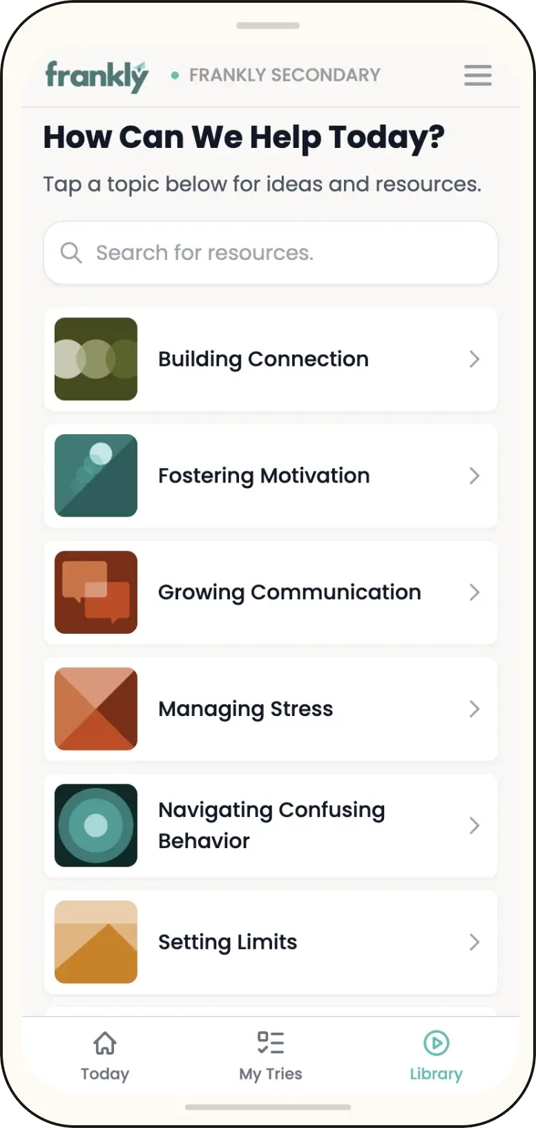 The Library screen in the Frankly app: a search box above six topics, from Building Connection to Setting Limits