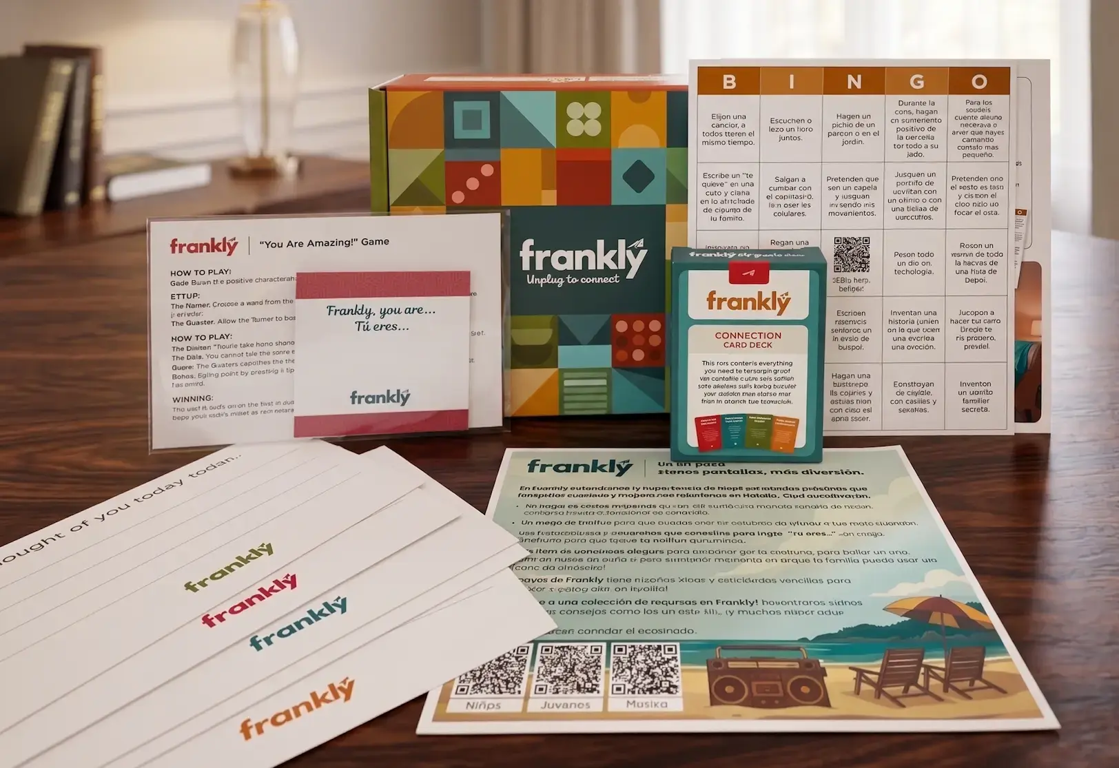 Photo of bingo, playing cards, and note cards