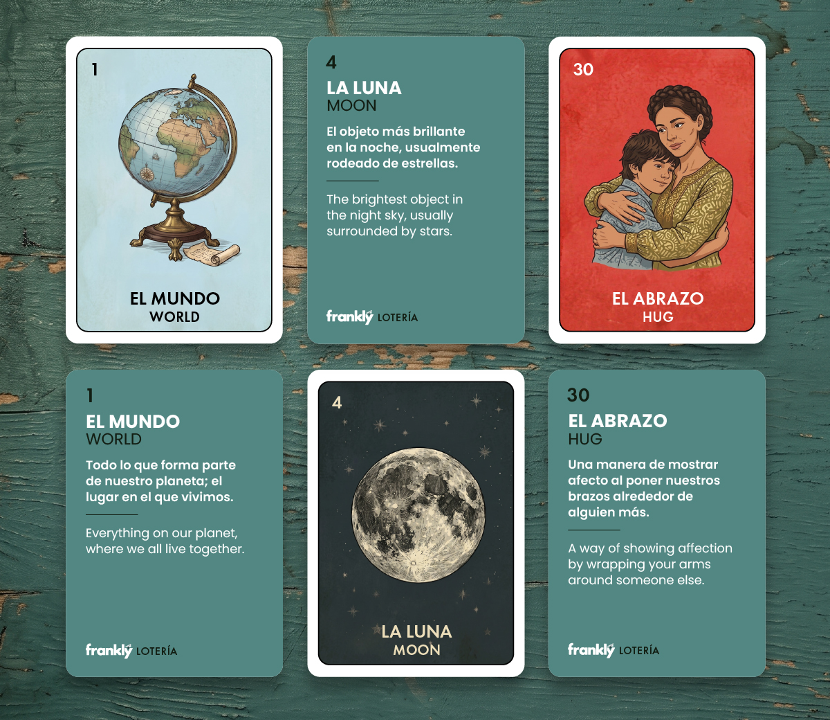 Bilingual Frankly Lotería cards showing English and Spanish