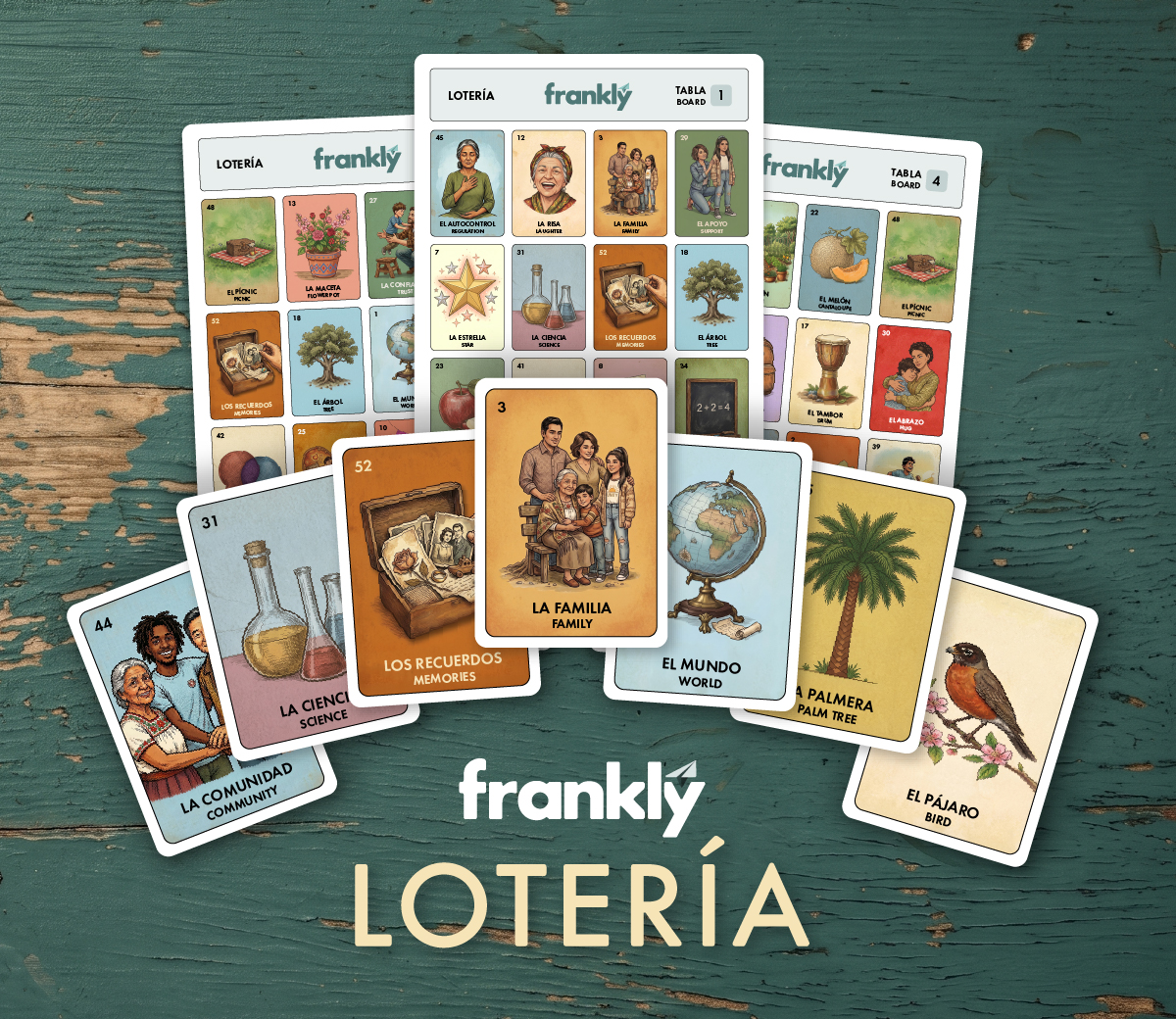 Frankly Lotería cards and boards fanned out on a wooden table