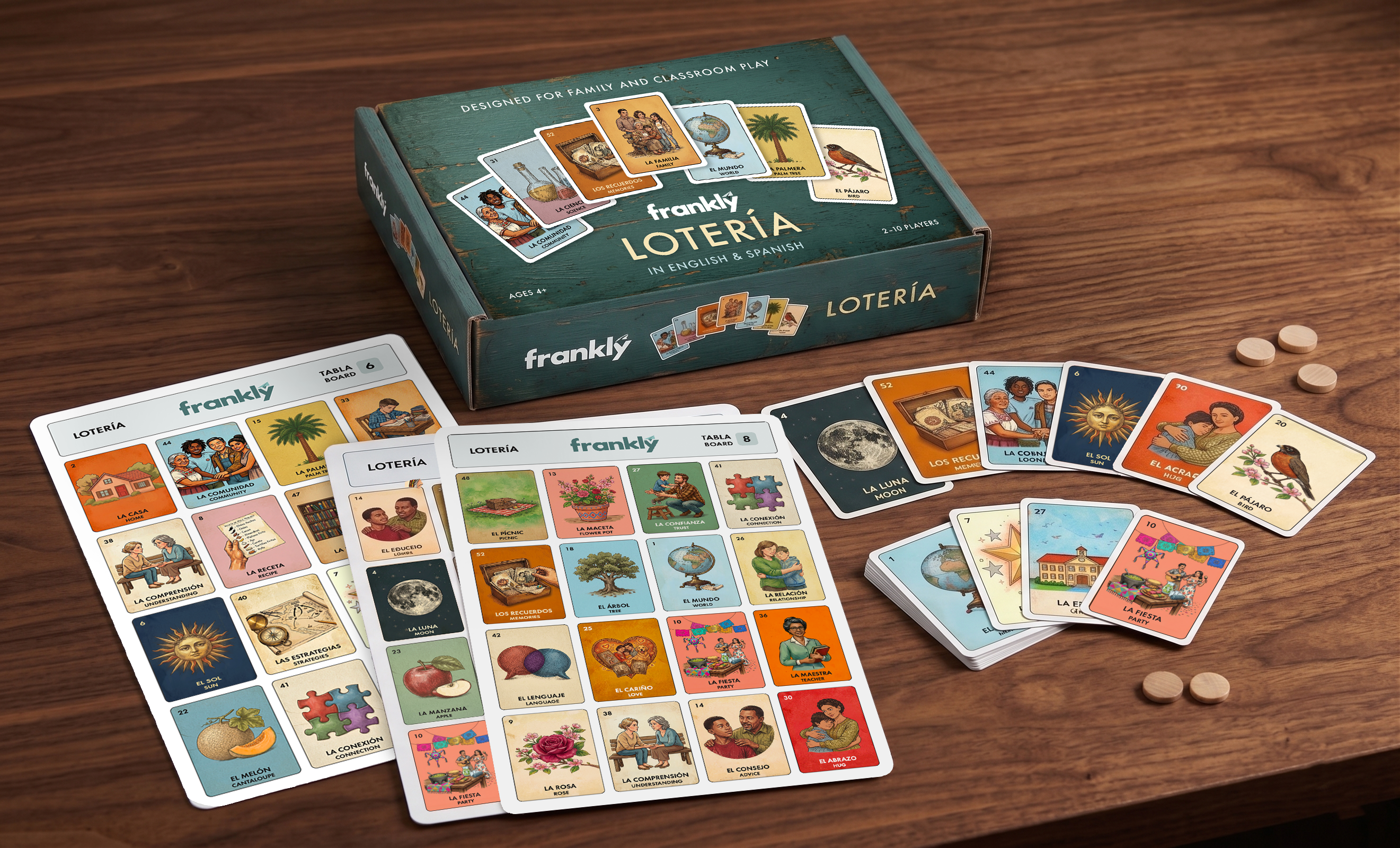 Frankly Lotería — School Edition box with cards and playing boards on a wooden table