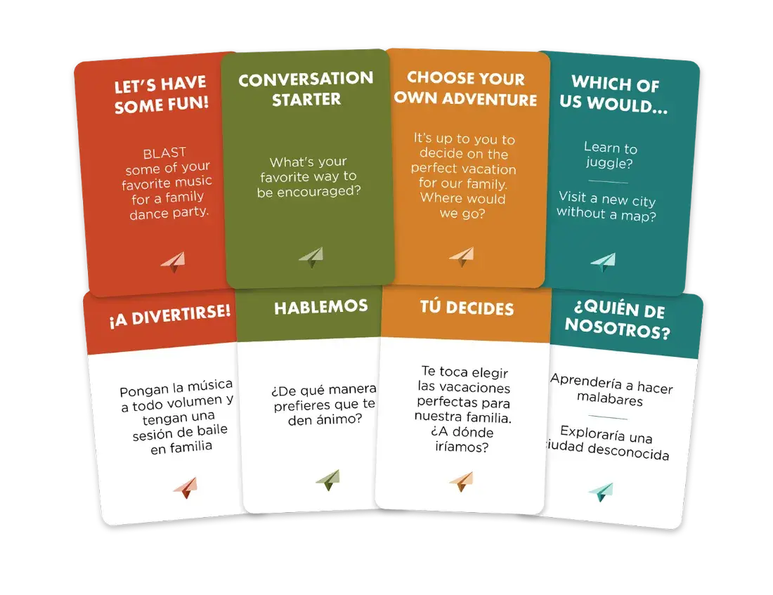 Sample cards from all four games in English and Spanish