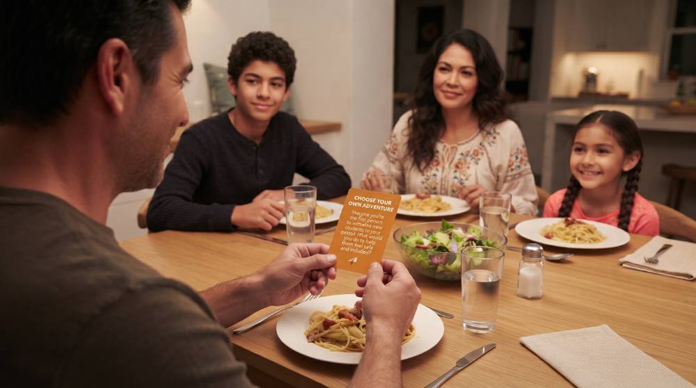 Family playing a card at dinner
