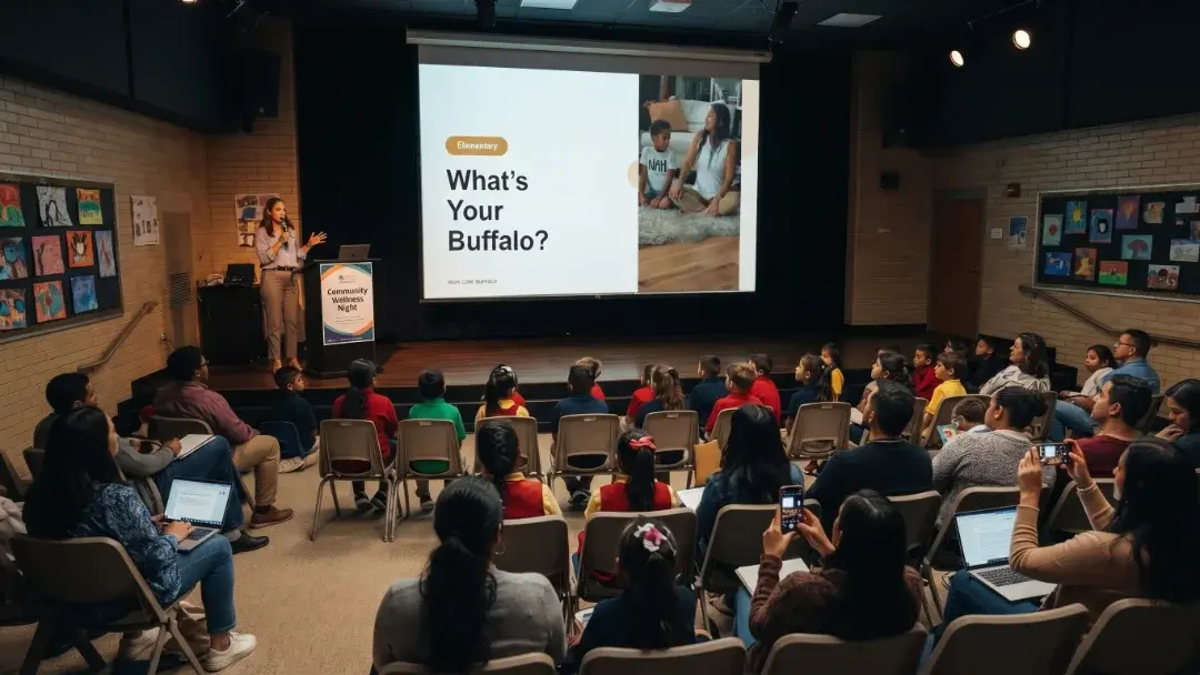 Kids and parents in a school auditorium at a Community Wellness Night